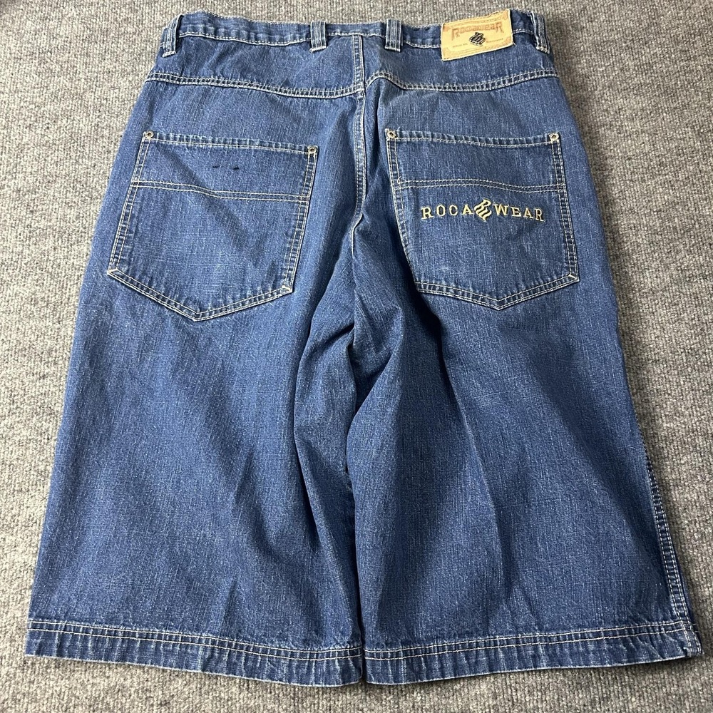Rocawear Denim Shorts Mens 38 Blue Baggy Relaxed Fit Hip Hop Logo 5 Pocket